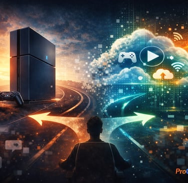 Bifurcação entre console físico e nuvem digital em cenário futurista.