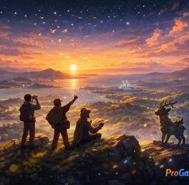 Exploradores observam vasto mundo de fantasia ao pôr do sol em um penhasco.