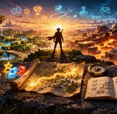 Jornada visual do design de fases com trilha, ícones e pilares da experiência do jogador.