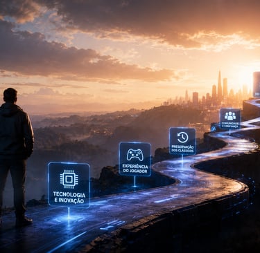 Caminho futurista com marcos sobre tecnologia e preservação de jogos.