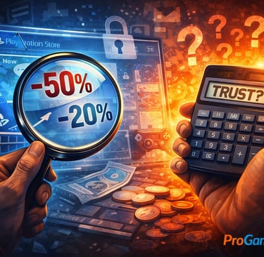 Mãos seguram lupa e calculadora diante de descontos e símbolos de dúvida na loja digital.