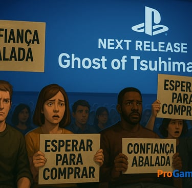 Auditório da PlayStation com público segurando placas críticas após anúncio de Ghost of Tsushima