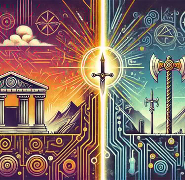 Linha do tempo abstrata mostrando a transição da mitologia grega para a nórdica em uma franquia.