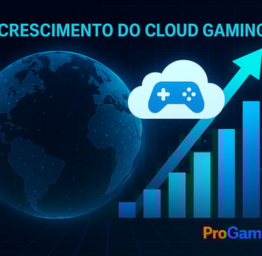 globo digital com gráfico crescente e ícone de cloud gaming, representando o crescimento global
