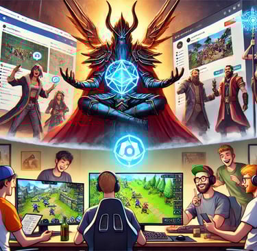 Jogadores interagindo em ambientes virtuais e reais, simbolizando a formação de comunidades em jogos