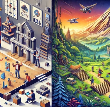 jogadores construindo em ambientes de sandbox e explorando paisagens ricas e abertas.