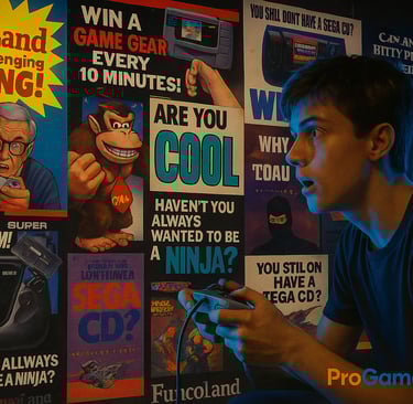 Garoto jogando videogame cercado por anúncios retrô de games dos anos 90.