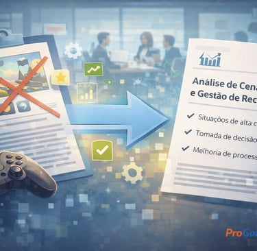 Ilustração mostra a conversão de experiência em jogos em competências profissionais avaliáveis.