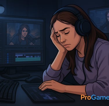 Streamer cansada em frente a várias telas.