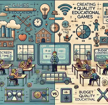 Divisão ilustrativa destacando uma sala de aula com tecnologia limitada e preocupações como tempo