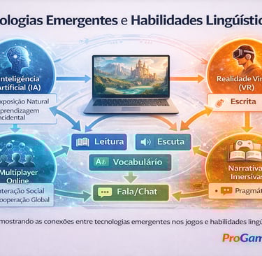 Diagrama ligando tecnologias de jogos a habilidades linguísticas como leitura, fala e vocabulário