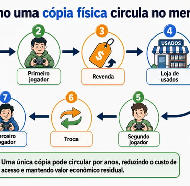 Ciclo de uma cópia física entre jogadores, revenda, loja de usados e troca.