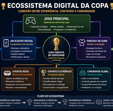 Diagrama do ecossistema digital da Copa com jogo, app, fantasy e comunidade