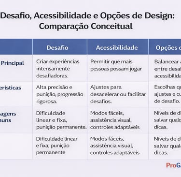 Quadro comparando dificuldade, acessibilidade e opções de design nos jogos digitais