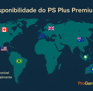 Infográfico com bandeiras de países onde o PS Plus Premium com clássicos está disponível.