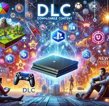 console cercado por ícones de DLCs, incluindo mapas e armas, com paisagens de diferentes gêneros