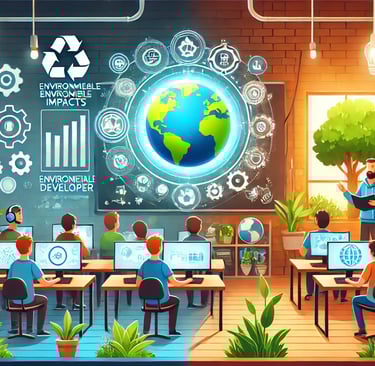 Gamers em aula e desenvolvedores em estúdio verde unidos por um ícone da Terra