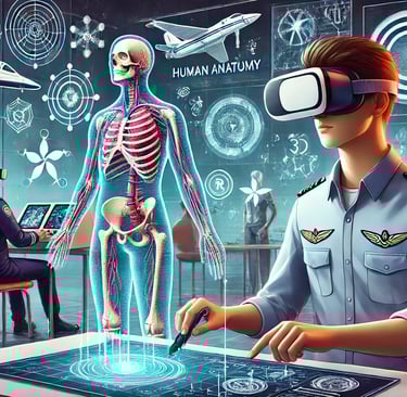 Estudante explorando anatomia em 3D com RV e um piloto treinando em um simulador de voo