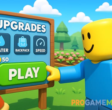 Personagem pressiona o botão PLAY ao lado de painel de upgrades em Grow a Garden