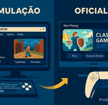 Tela dividida entre emulador de PC e versão oficial no PS5 com DualSense.