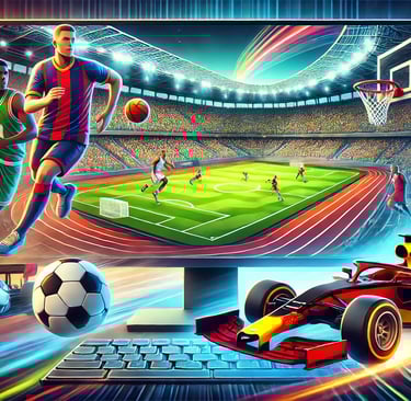 partida de futebol, um jogo de basquete e uma corrida de carros, destacando o gênero esportivo