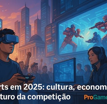 Jogador em realidade virtual em meio à cidade digital dos esports