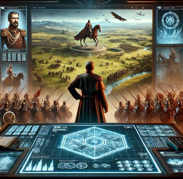 general em um campo de batalha, com exércitos em combate ao fundo e mapas estratégicos na mesa