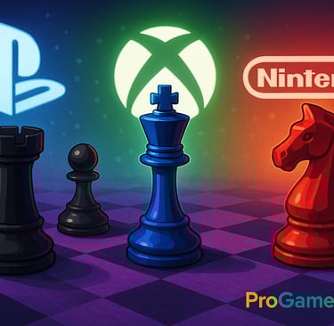 Peças de xadrez com logotipos da Sony, Xbox e Nintendo representam suas estratégias distintas.