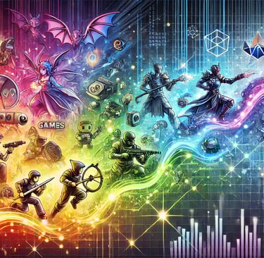 Ilustração mostrando a evolução dos gêneros de games, de visuais de arcades pixelados a RPGs e multi