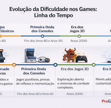 Linha do tempo mostrando a evolução da dificuldade nos games do arcade à era moderna