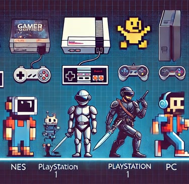 linha do tempo conectando consoles clássicos e modernos e personagens representativos
