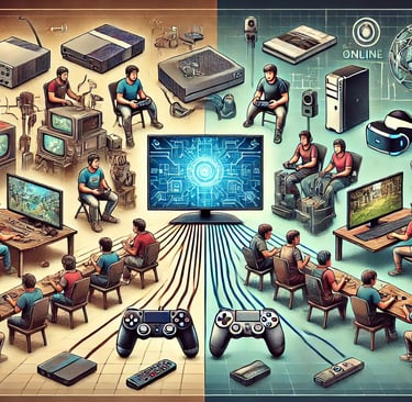 Representação da evolução dos jogos multiplayer, desde LAN parties até VR e hologramas.