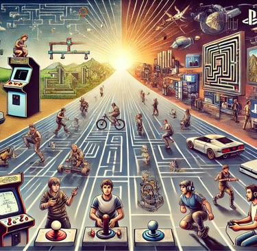 arcades retrô até consoles modernos, com jogadores representando diferentes épocas.