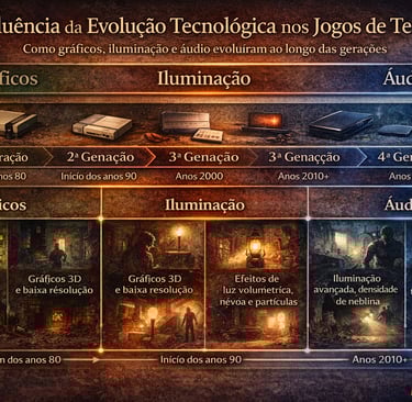 Mostrando como gráficos iluminação e áudio evoluíram e influenciaram o design dos games de terror.