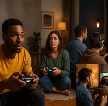 Quatro jogadores em ambientes distintos jogando games de estilos variados no Nintendo Switch.