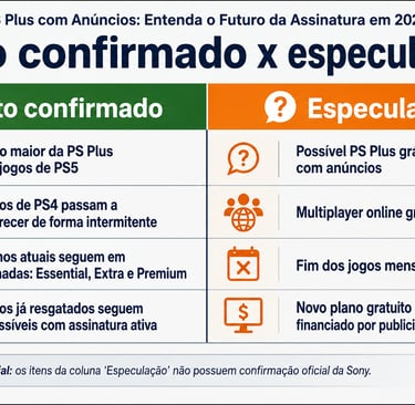 Quadro comparando fatos confirmados e especulações sobre a PS Plus em 2026.