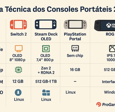 Infográfico técnico comparando quatro consoles portáteis de 2025.