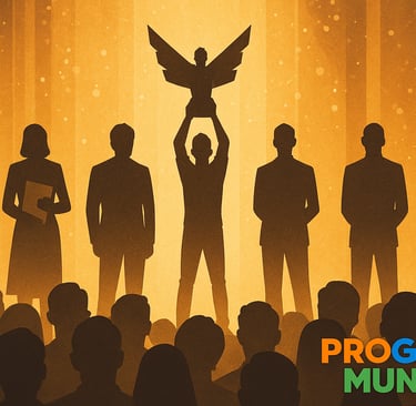 Cena estilizada de premiação com público e cinco indicados, um deles erguendo um troféu dourado