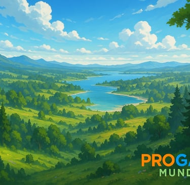 Paisagem digital mostra colinas verdes, floresta densa e rio sob céu azul