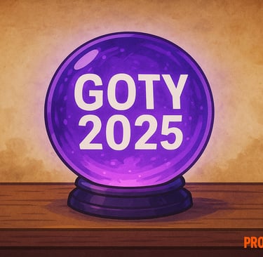 bola de cristal roxa sobre mesa de madeira, texto “GOTY 2025” ao centro