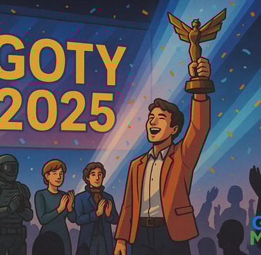 Cena horizontal celebra o vencedor do GOTY 2025 erguendo troféu no palco, com público, confetes