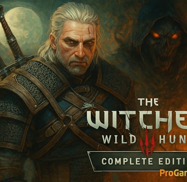 Geralt empunha espada com uma criatura sombria ao fundo e lua cheia no céu.