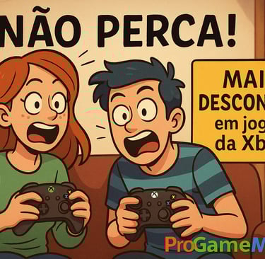 Dois jogadores animados segurando controles com letreiro “NÃO PERCA! Mais descontos em jogos da Xbox