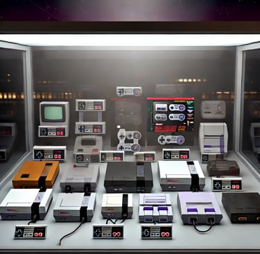 a display case with many different types of video game consoles