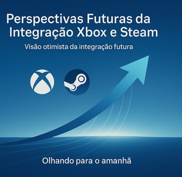Seta azul crescente com logos da Xbox e Steam sobre fundo futurista.