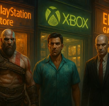 heróis consagrados sob luzes de neon, representando as grandes plataformas digitais de jogos.