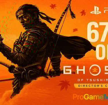 Ilustração promocional de Ghost of Tsushima com samurai e 67% de desconto