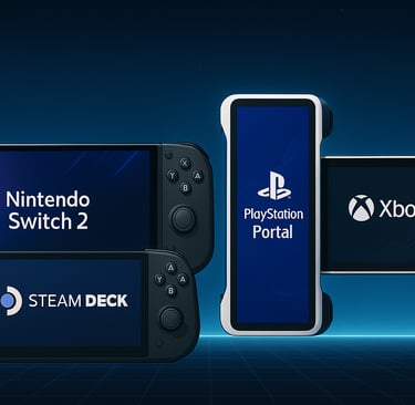 Quatro consoles portáteis lado a lado com telas acesas: Switch 2, Steam Deck, Portal e ROG Ally.