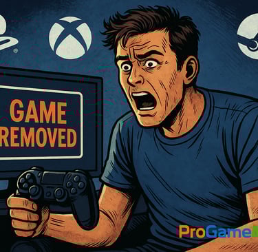 Jogador em choque diante da tela que exibe "Game Removed" nas plataformas digitais.