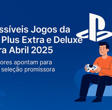 Design flat com jovem segurando controle de PS4, fundo azul com setas de progresso e logotipo
